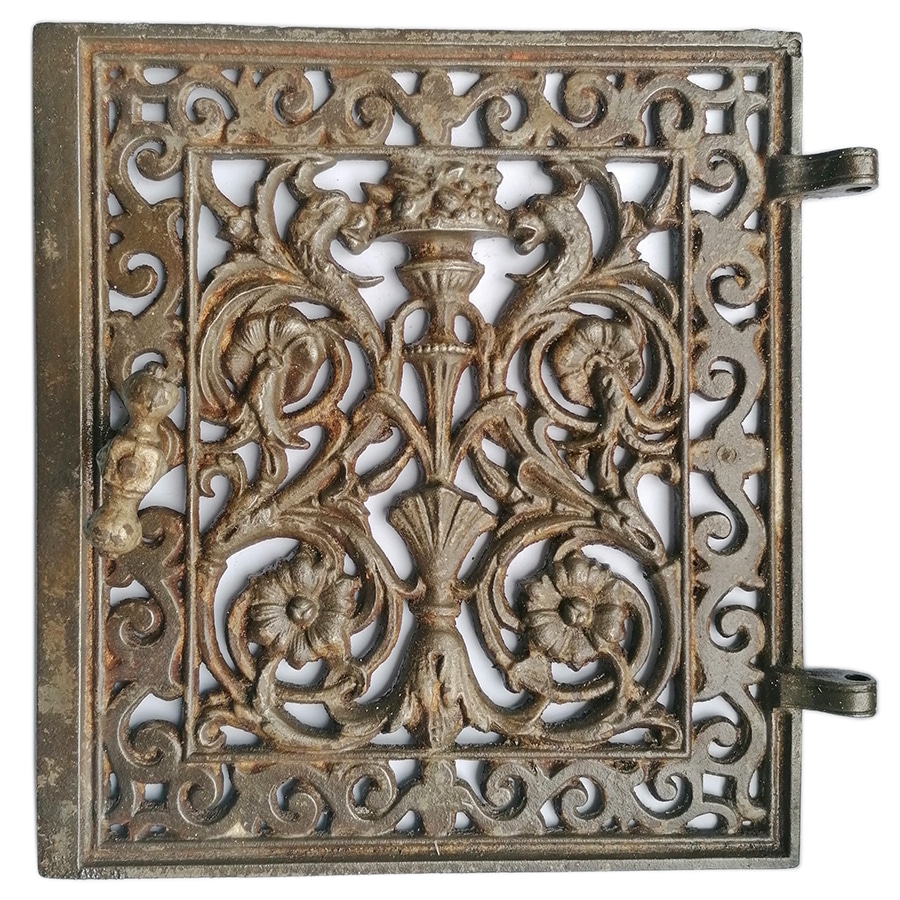 Ofentür antik alt Kamintür Eisen Drachen Griff 20.5x23cm