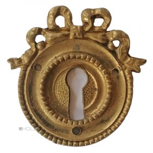 Möbel Schlüsselschild antik Bronze feuervergoldet alt Perle Schleife 54mm