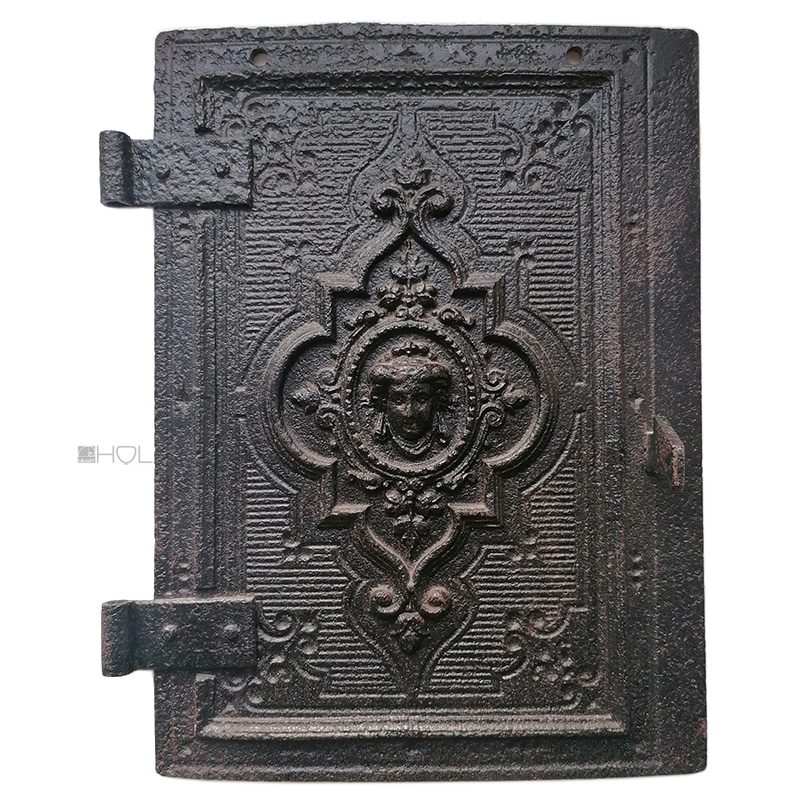 Ofentür antik Gusseisen Kamintür alt Medaillon 20x26cm