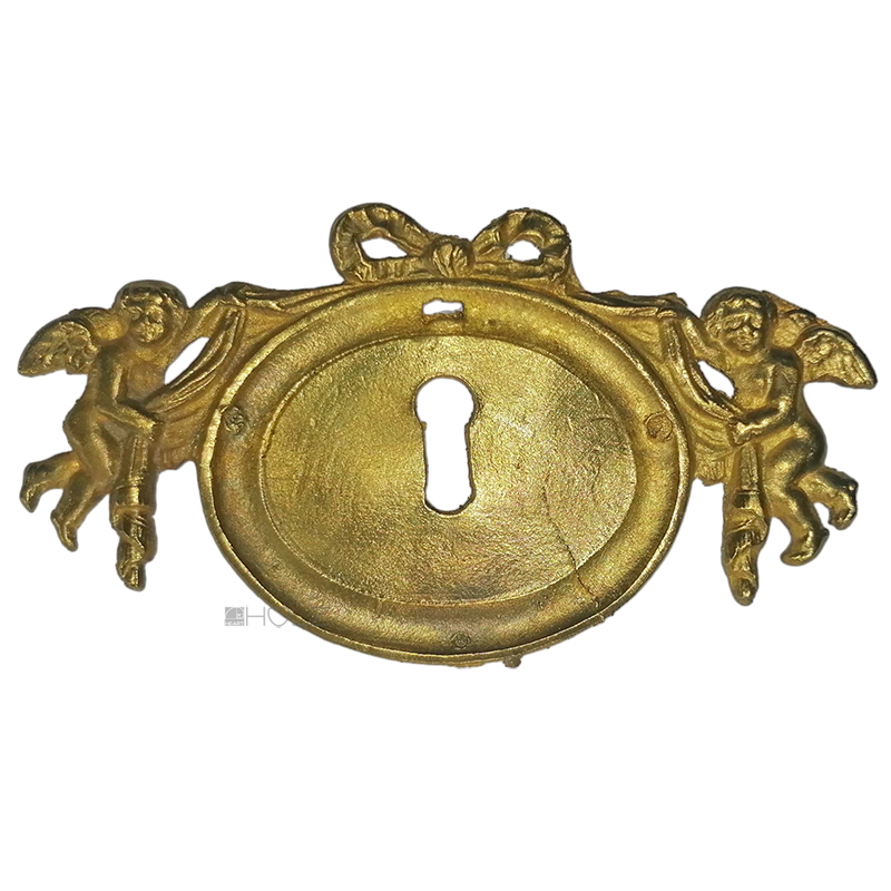 Portachiavi in ​​bronzo per mobili con putti antichi e fiocco ovale 12,5 cm