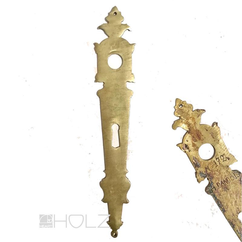 Langschild antik Türdrücker Dandois Frankreich alt Messing 74 mm