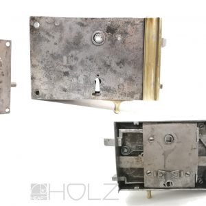 Kastenschloss antik Biedermeier geschmiedet Stahl Messing alt 78 mm