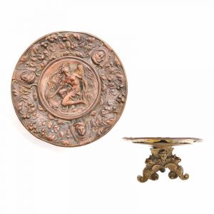 Bronze antik Kupfer Zierteller alt Frankreich Blattwerk griechischer Gott