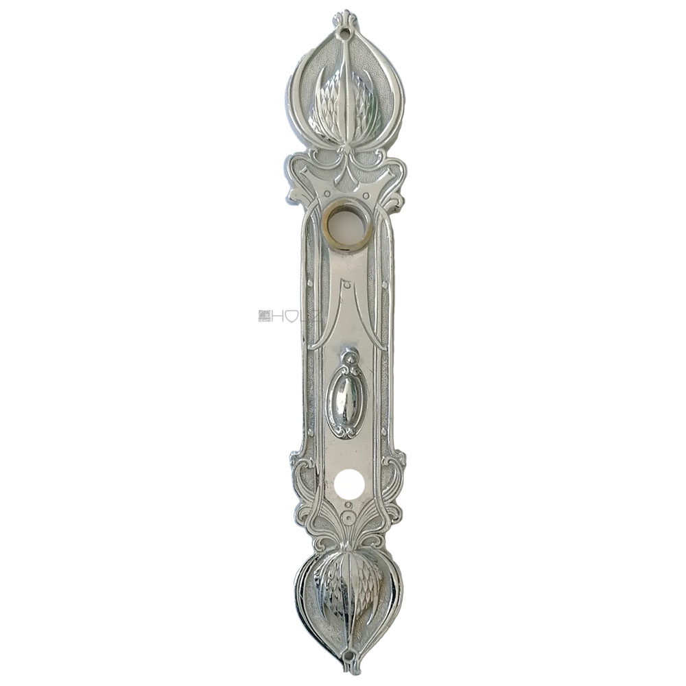 Langschild Jugendstil antik Distel floral alt vernickelt Nachtriegel 16.8mm 68